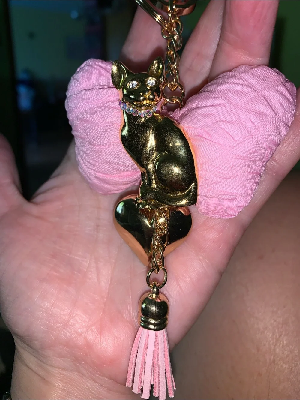 Handmade Cat Bow purse/bag charm keychain with heart and tassel